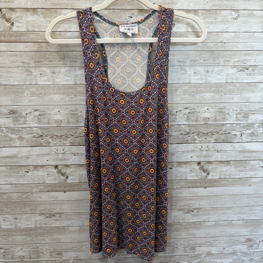Vtg Blue Platypus Womens L‎ Tank Top Blue Yellow Floral Geometric Bamboo USA Y2K